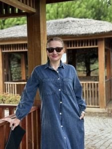 Tam düğmeli kot elbise mavi