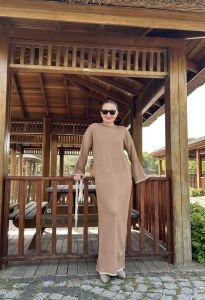 Kuşaklı Triko Elbise CAMEL