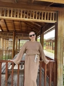 Kuşaklı Triko Elbise CAMEL