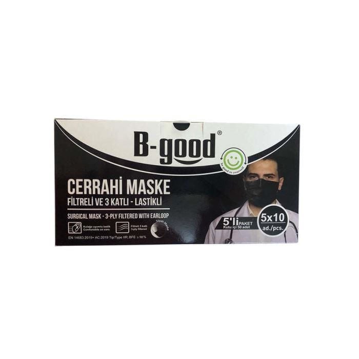 BGood Cerrahi Maske-Lastikli SİYAH 3 Kat 50 Adet (5 li 10 Paket)