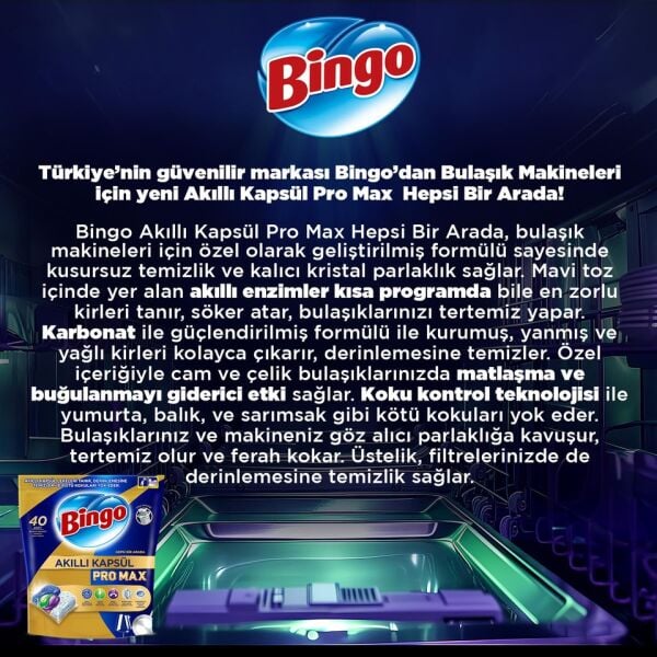 Bingo Akıllı Kapsül Pro Max Bulaşık Makinesi Deterjanı Tableti 40'lı