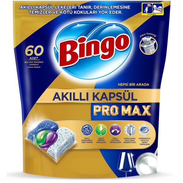 Bingo Pro Max Akıllı Kapsül Bulaşık Makinesi Deterjanı Tableti 60'lı