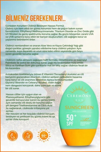 Ceremony UVA-UVB Yüksek Koruma Doğal Görünümlü Hızlı Emilen 50+SPF Güneş Kremi Yağlı Ciltler 50ml