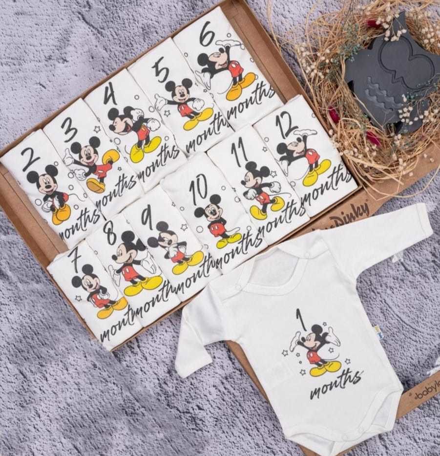 Mickey Baskılı 12'li Uzun Kollu Çıtçıtlı Badi Bebek Set