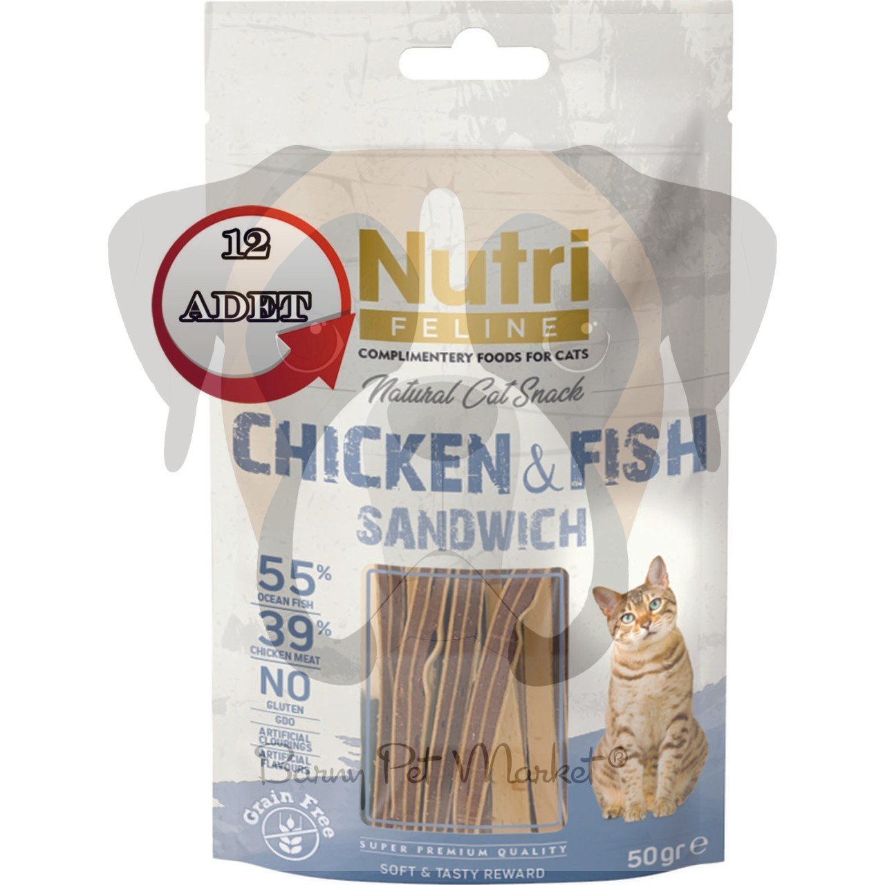 Nutri Feline Süper Premium Tahılsız Tavuk & Balık Etli Doğal Sandviç Kedi Ödülü 50 gr x 12 Adet