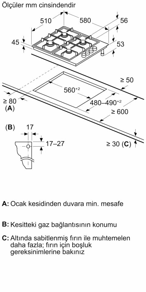 OD36K5B80D Gazlı Ocak 60 cm Beyaz