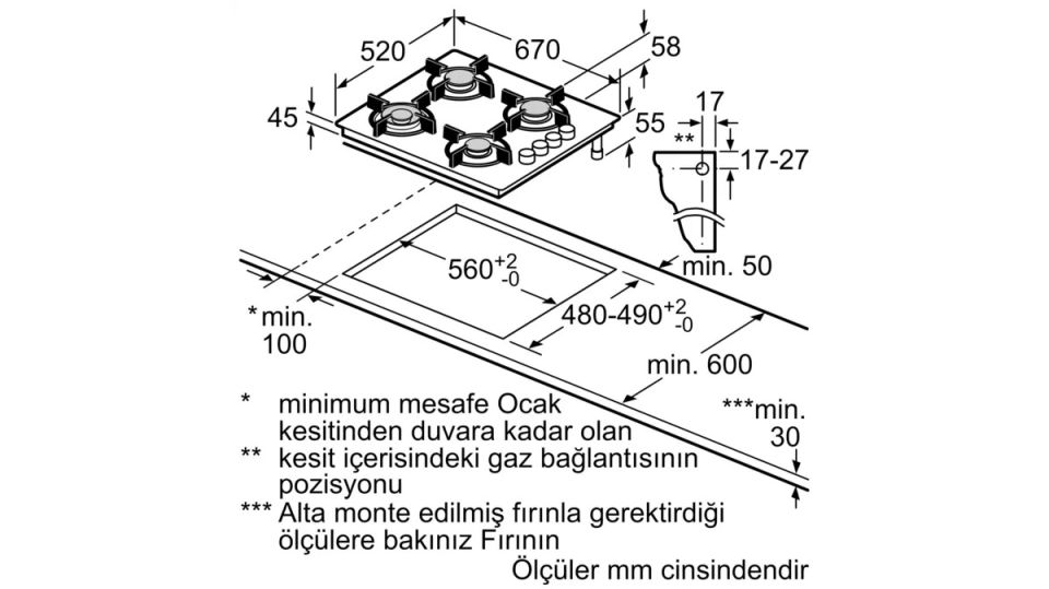 OO37P6O10D Gazlı Ocak 67 cm Sert cam, Siyah