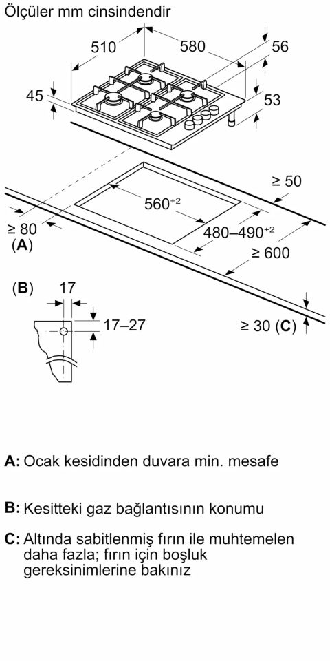 OO36H2B10L Gazlı Ocak 60 cm Sert cam, Beyaz