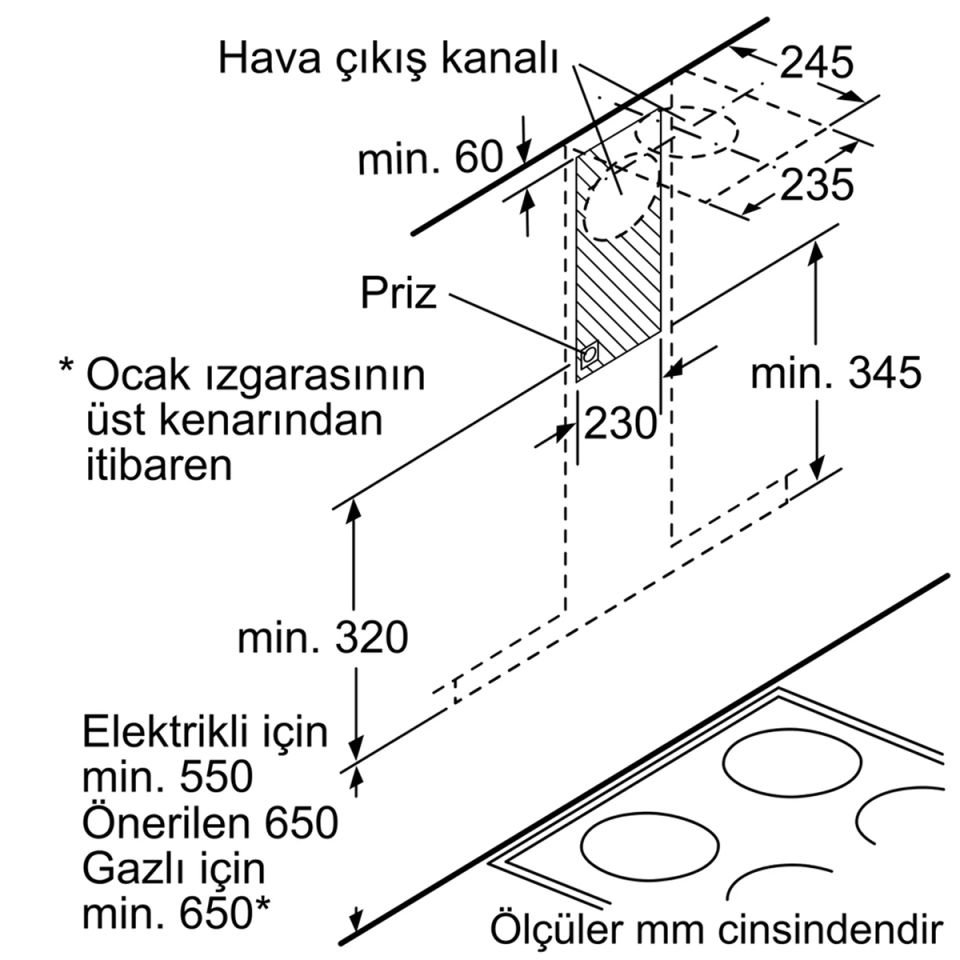 DVG6D620 Duvar Tipi Davlumbaz 60 cm Cam dekor