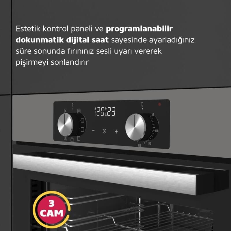 Simfer 8213 AirFry Plus Ankastre Fırın 10 Fonksiyon Dijital Saat, Grill, Teleskobik Ray, Gri