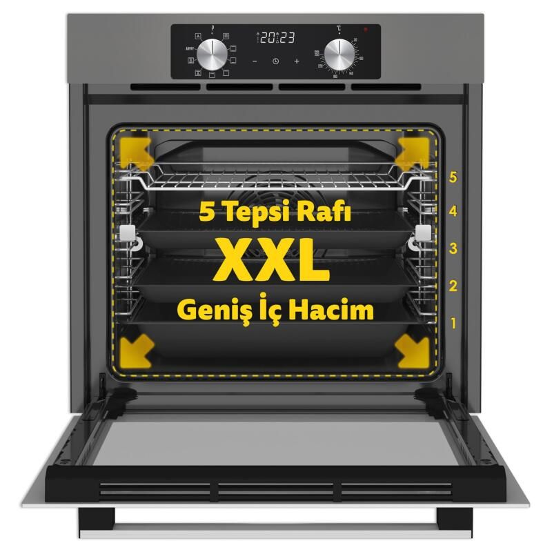 Simfer 8213 AirFry Plus Ankastre Fırın 10 Fonksiyon Dijital Saat, Grill, Teleskobik Ray, Gri