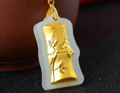24K Altın Kaplama Bambu Formlu Beyaz Yeşim Taşı Kolye