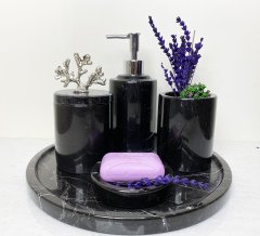 Mermer Banyo Seti 5 Li Gümüş Mercan Siyah Mermer