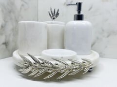 Mermer Banyo Seti 5 Li Gümüş Zeytin Dalı