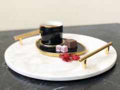 Beyaz Mermer Sunum, Nişan Tepsisi Yuvarlak Slim Gold