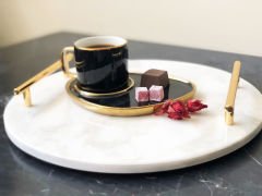 Beyaz Mermer Sunum, Nişan Tepsisi Yuvarlak Slim Gold