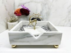 Beyaz Mermer Peçete Kutusu Gold Uçan Geyik