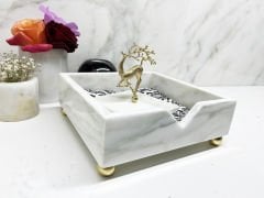 Beyaz Mermer Peçete Kutusu Gold Uçan Geyik
