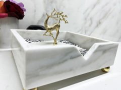 Beyaz Mermer Peçete Kutusu Gold Uçan Geyik