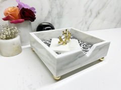 Beyaz Mermer Peçete Kutusu Gold Mercan