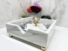 Beyaz Mermer Peçete Kutusu Gold Geyik
