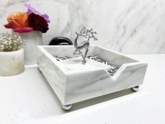 Beyaz Mermer Peçete Kutusu Gümüş Uçan Geyik