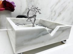Beyaz Mermer Peçete Kutusu Gümüş Uçan Geyik