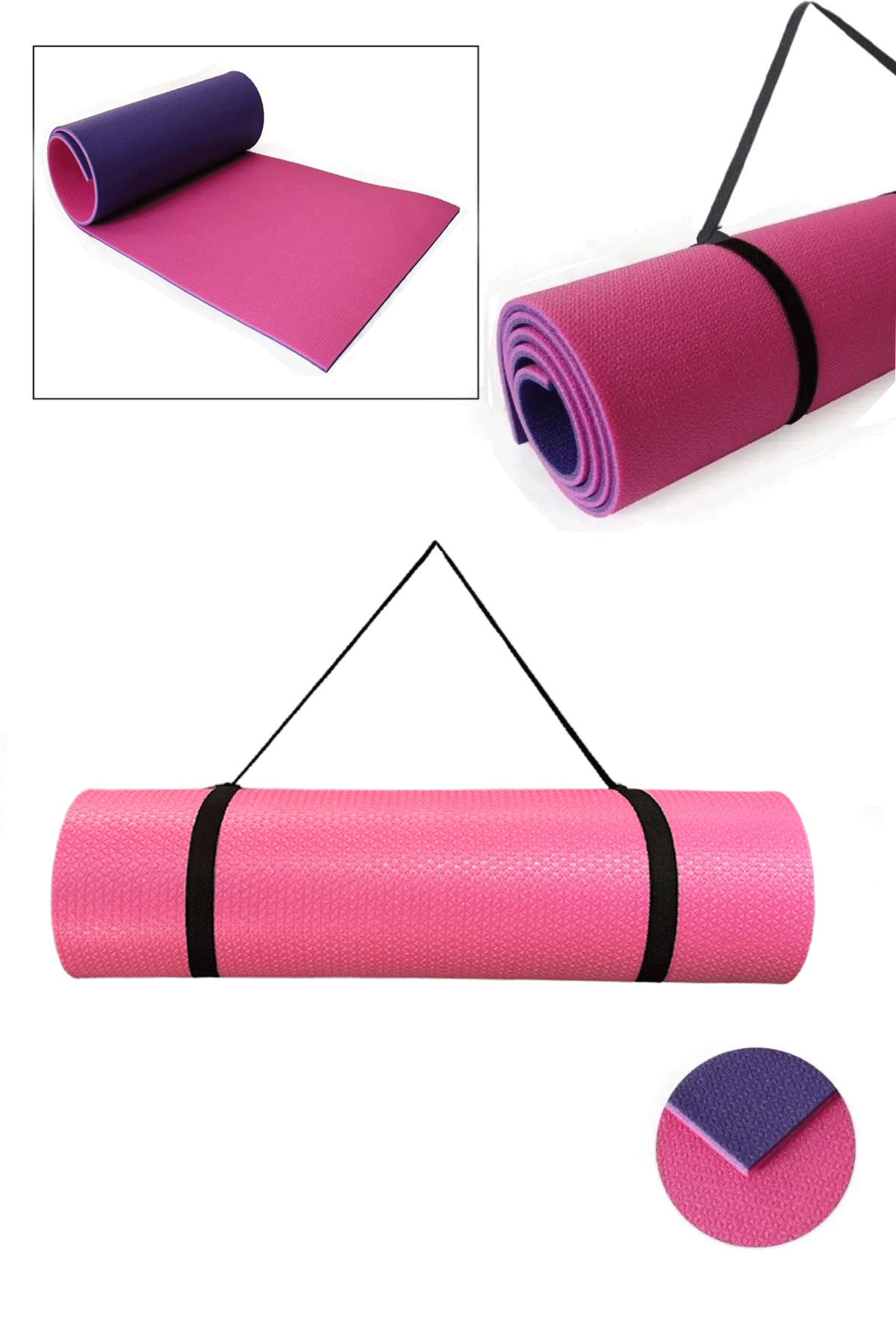 Pembe Mor  Pilates Minderi & Yoga Mat Çift Taraflı Taşıma Askılı 8 mm