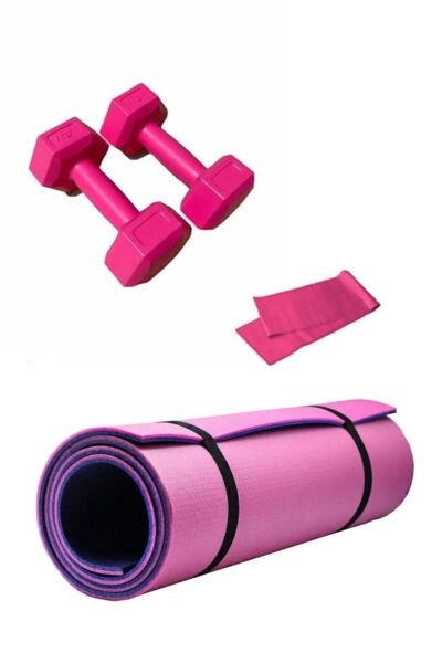 Pembe-mor 8mm Pilates Ve Yoga Matı +1 Kg Demir Tozlu Dambıl (2 Adet ) + Direnç Bandı