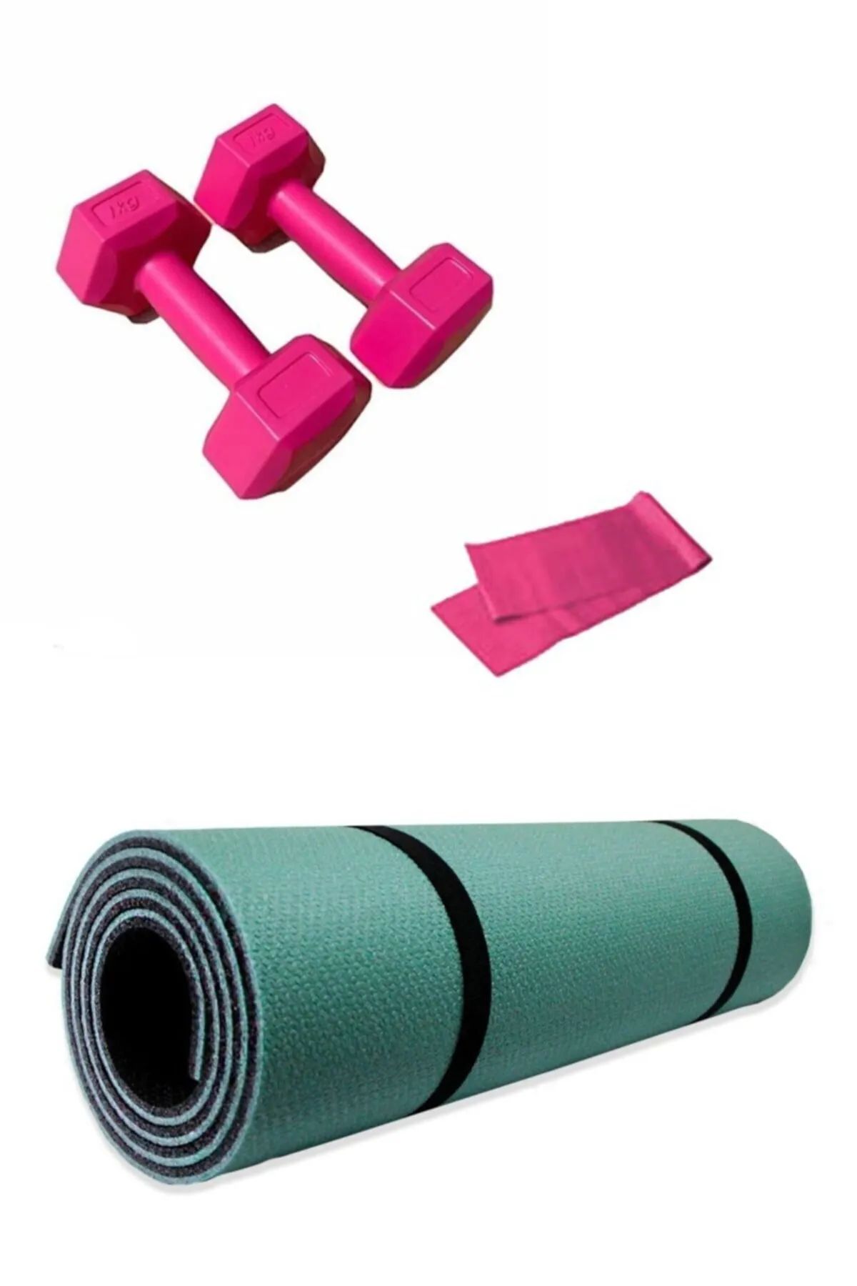 Haki 8mm Pilates Ve Yoga Matı +1 Kg Demir Tozlu Dambıl (2 Adet ) + Direnç Bandı