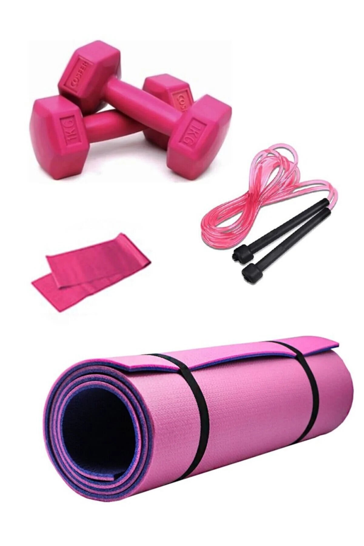 Mor-pembe Pilates & Yoga Matı 8mm + Direnç Bandı + Atlama Ipi + 1kg Dambıl