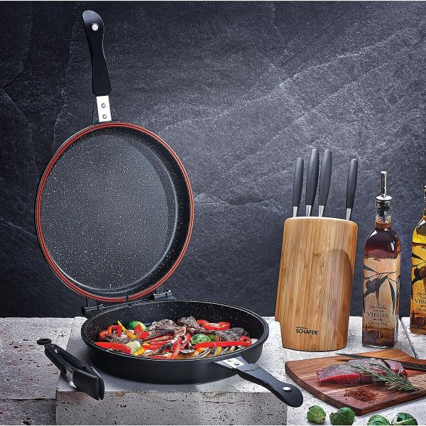 Schafer Yuvarlak Yanmaz Yapışmaz Double Grill Pan 30 cm 2 prç Siyah