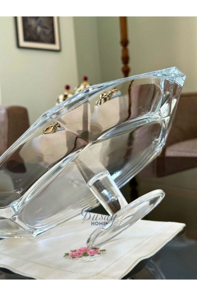 Busayhome Nude Reflection Serisi Cam Kristal Ayaklı Servis Tabağı, Sunumluk, Sunum Tabağı 32x9.6 Cm