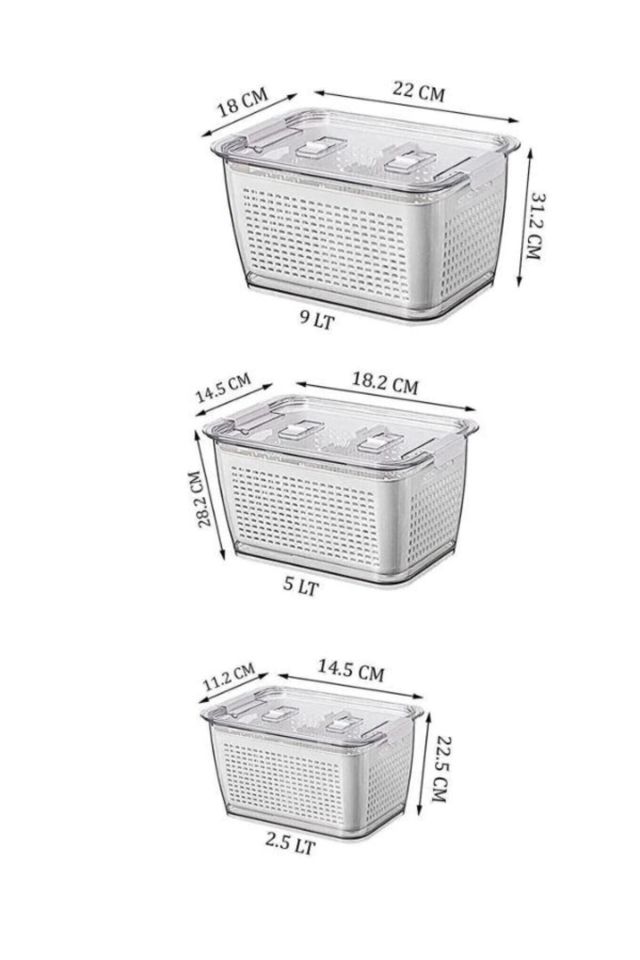 Lüx 3 Adet Buzdolabı Içi Süzgeçli Organizer (2,5lt,5lt,9lt) Set-saklama Buzdolabı Organizer