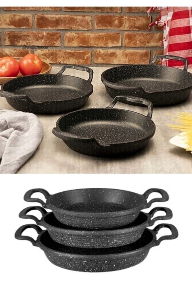 3'lü Set Döküm Siyah Granit Sahan Tava 22cm-20cm-18cm