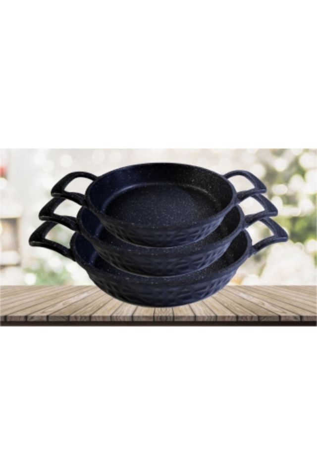 3'lü Set Döküm Siyah Granit Sahan Tava 22cm-20cm-18cm