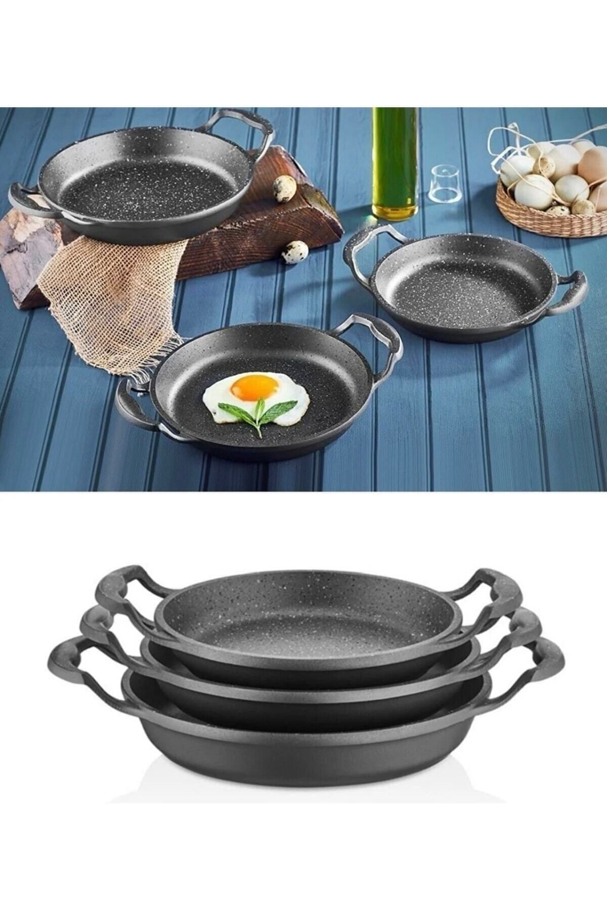 3'lü Set Döküm Siyah Granit Sahan Tava 22cm-20cm-18cm