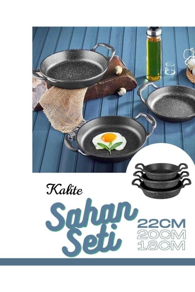 Laviss Kitchen Essenso 3lü Set Döküm Siyah Granit Sahan Tava Seti 18-20-22 Cm