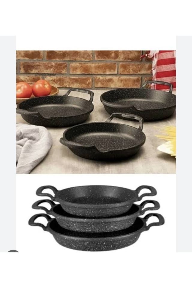 Laviss Kitchen Essenso 3lü Set Döküm Siyah Granit Sahan Tava Seti 18-20-22 Cm