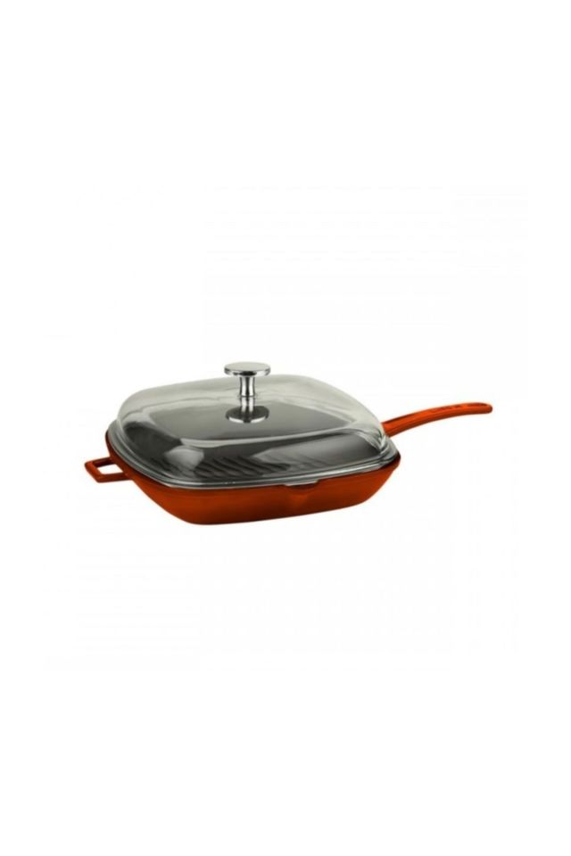 Grill Tava 26x26 Metal Saplı Cam Kapaklı Turuncu