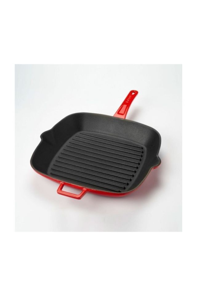 Grill Tava 26*26 Metal Saplı Cam Kapaklı Kırmızı