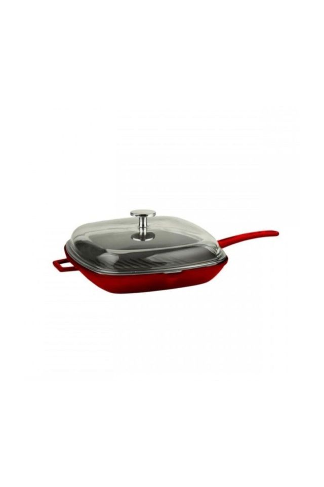 Grill Tava 26*26 Metal Saplı Cam Kapaklı Kırmızı