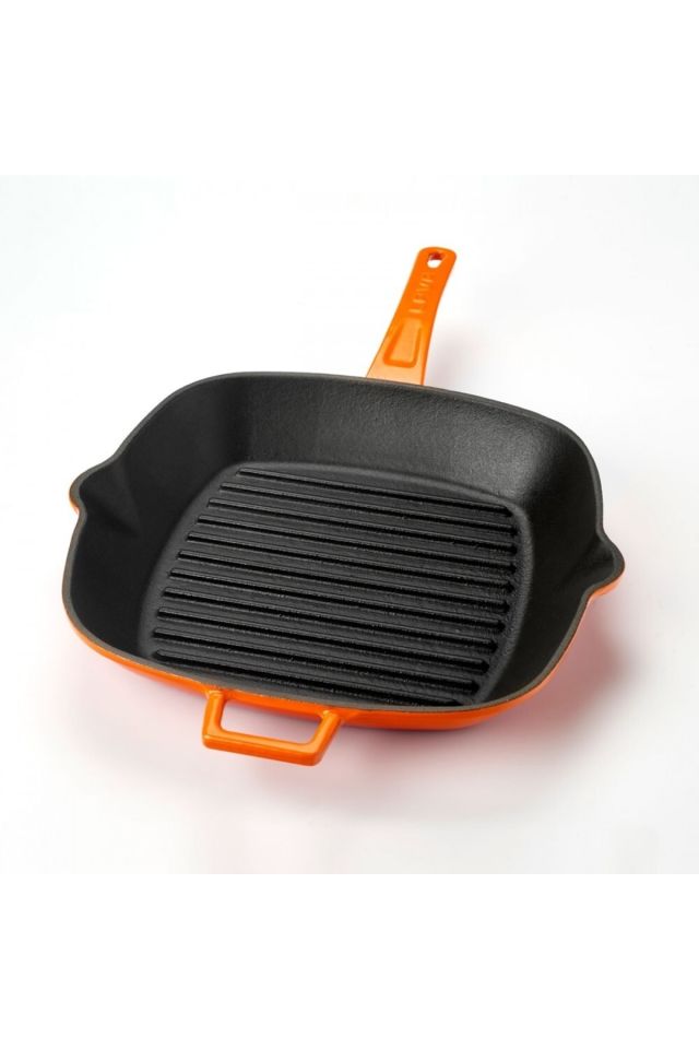 Metal Saplı Döküm Demir Izgara Tava 26x26 Cm Turuncu