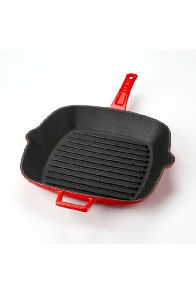 Metal Saplı Döküm Demir Izgara Tava 26x26cm Kırmızı