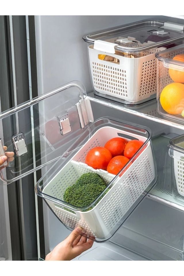 3'lü Set Içi Süzgeçli Organizer Buzdolabı Düzenleyici Ve Taze Ürün Saklama Kapları (2,5LT,5LT,9LT)