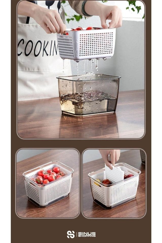 3'lü Set Içi Süzgeçli Organizer Buzdolabı Düzenleyici Ve Taze Ürün Saklama Kapları (2,5LT,5LT,9LT)