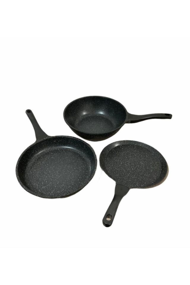 Alüminyum Döküm 3'lü Set Krep Tava Wok Tava Sütlük/ Gri