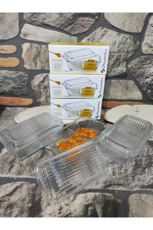 Tereyağlık.3 Lü (3 ADET) Iki Bölmeli Cam Tereyağlık-kahvaltılık Saklama Kabı
