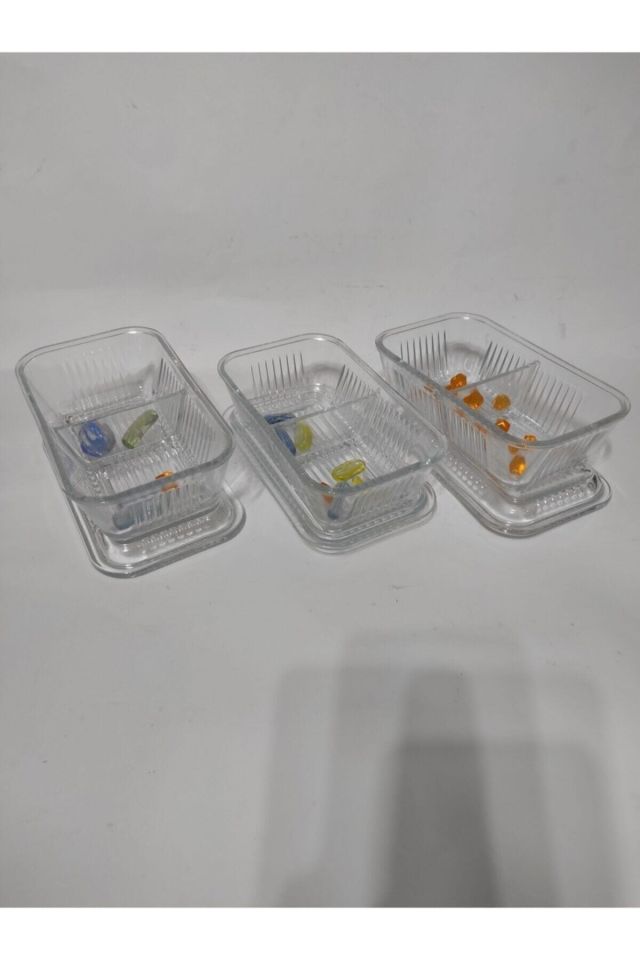 Tereyağlık.3 Lü (3 ADET) Iki Bölmeli Cam Tereyağlık-kahvaltılık Saklama Kabı