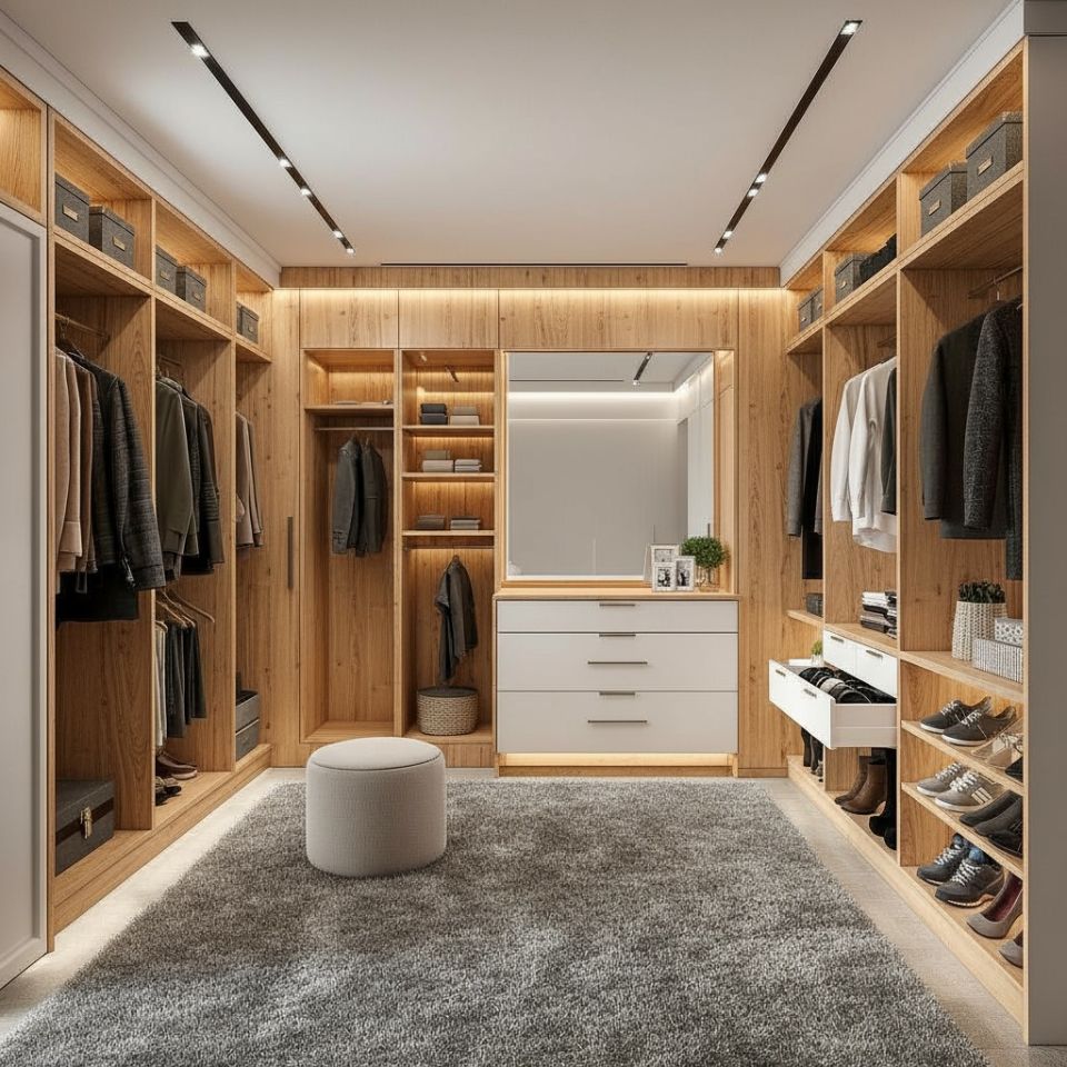 Giyinme Odası Dolabı Meşe Ahşap Dokulu